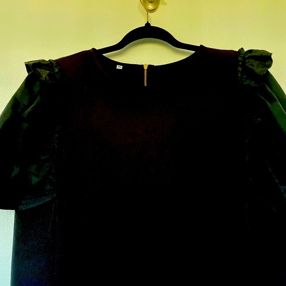 MINI DRESS PARTY COCKTAIL BLACK XL RUFFLE SHORT SLEEVES SHIFT GOLD BACK ZIPPER - Picture 5 of 11